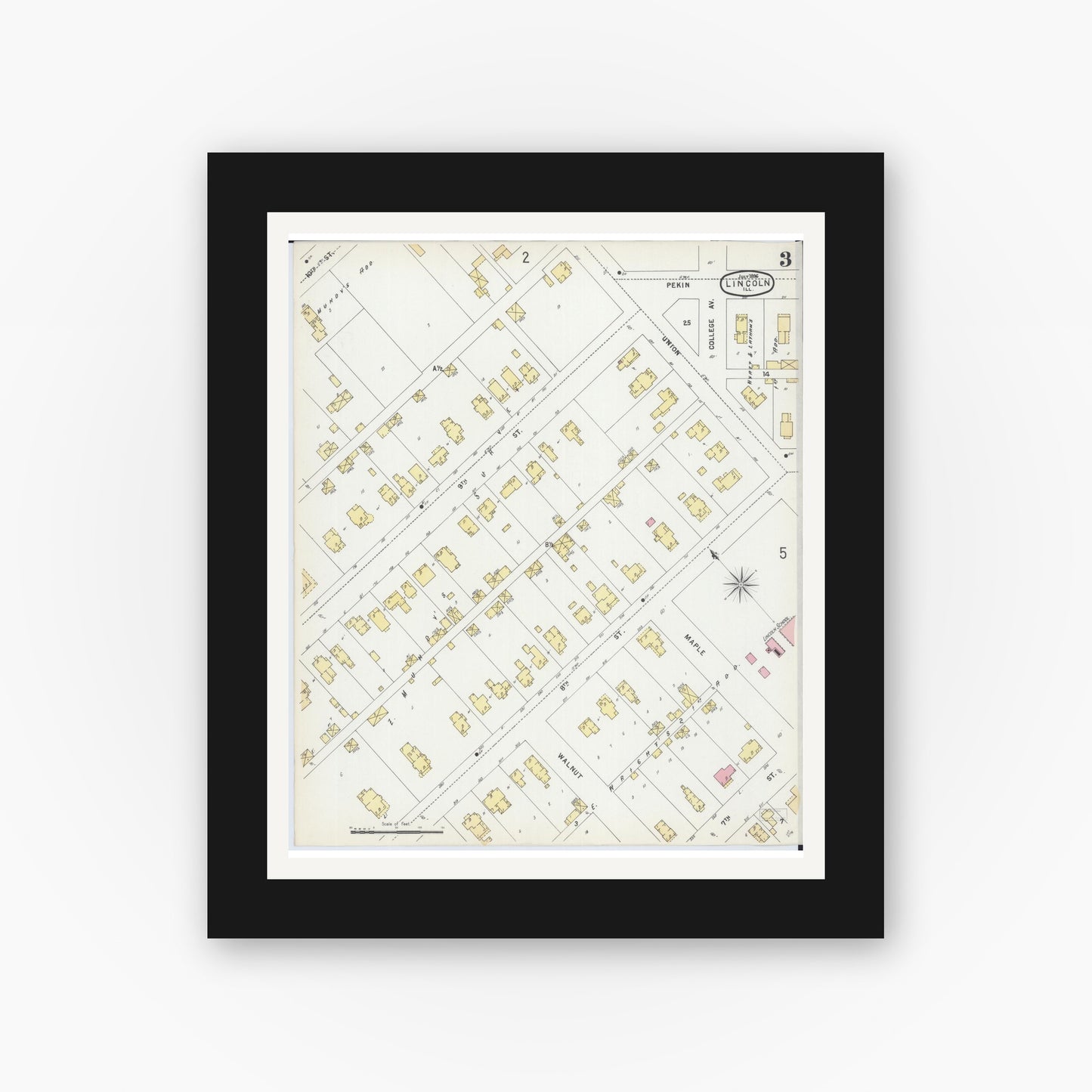 Old map wall art mockup — black gallery frame with white mat — Sanborn Fire Insurance Map from Lincoln, Logan County, Illinois (1896), Sheet #0003