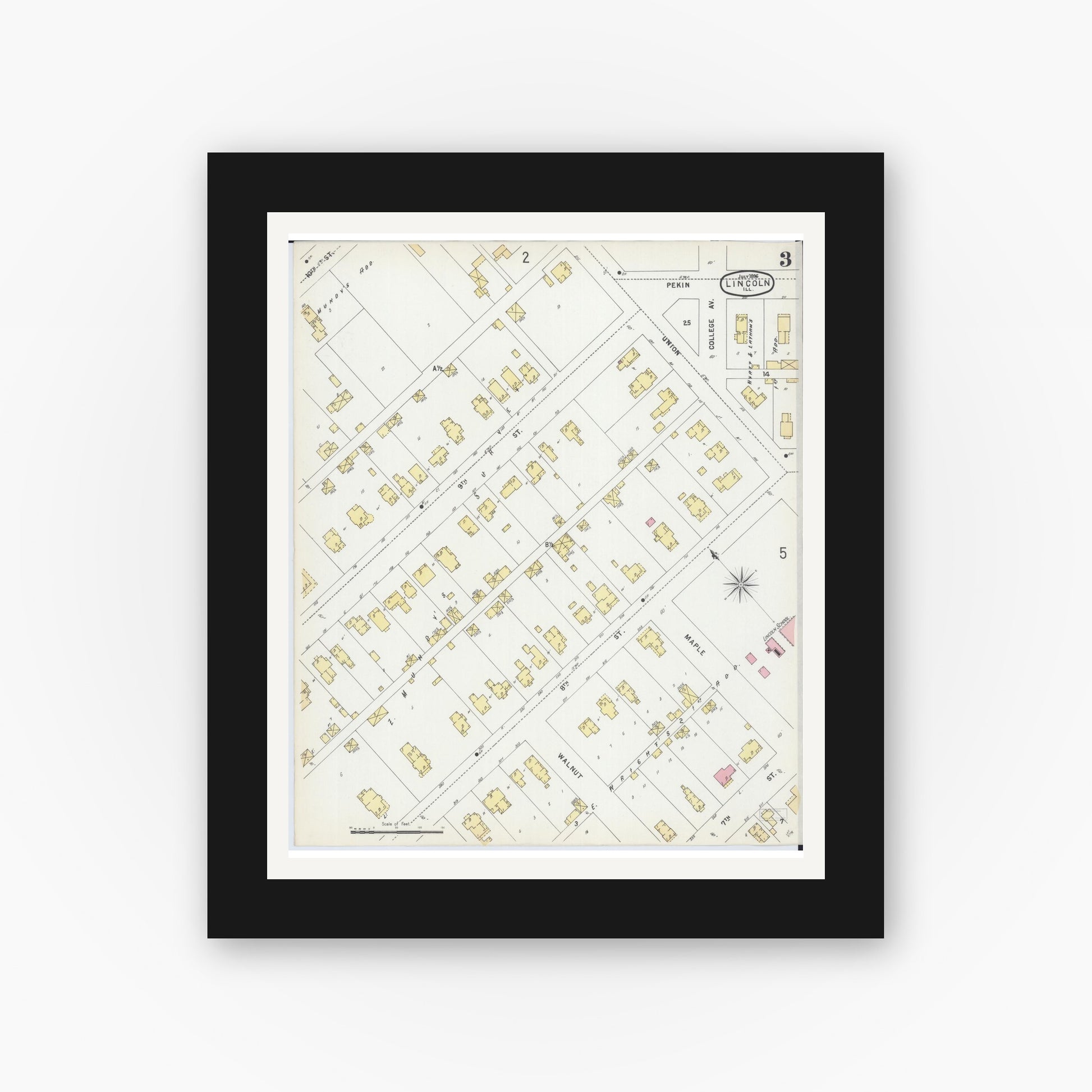 Old map wall art mockup — black gallery frame with white mat — Sanborn Fire Insurance Map from Lincoln, Logan County, Illinois (1896), Sheet #0003