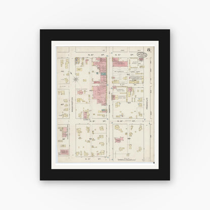 Old map wall art mockup — black gallery frame with white mat — Sanborn Fire Insurance Map from Waco, McLennan County, Texas (1885), Sheet #0008