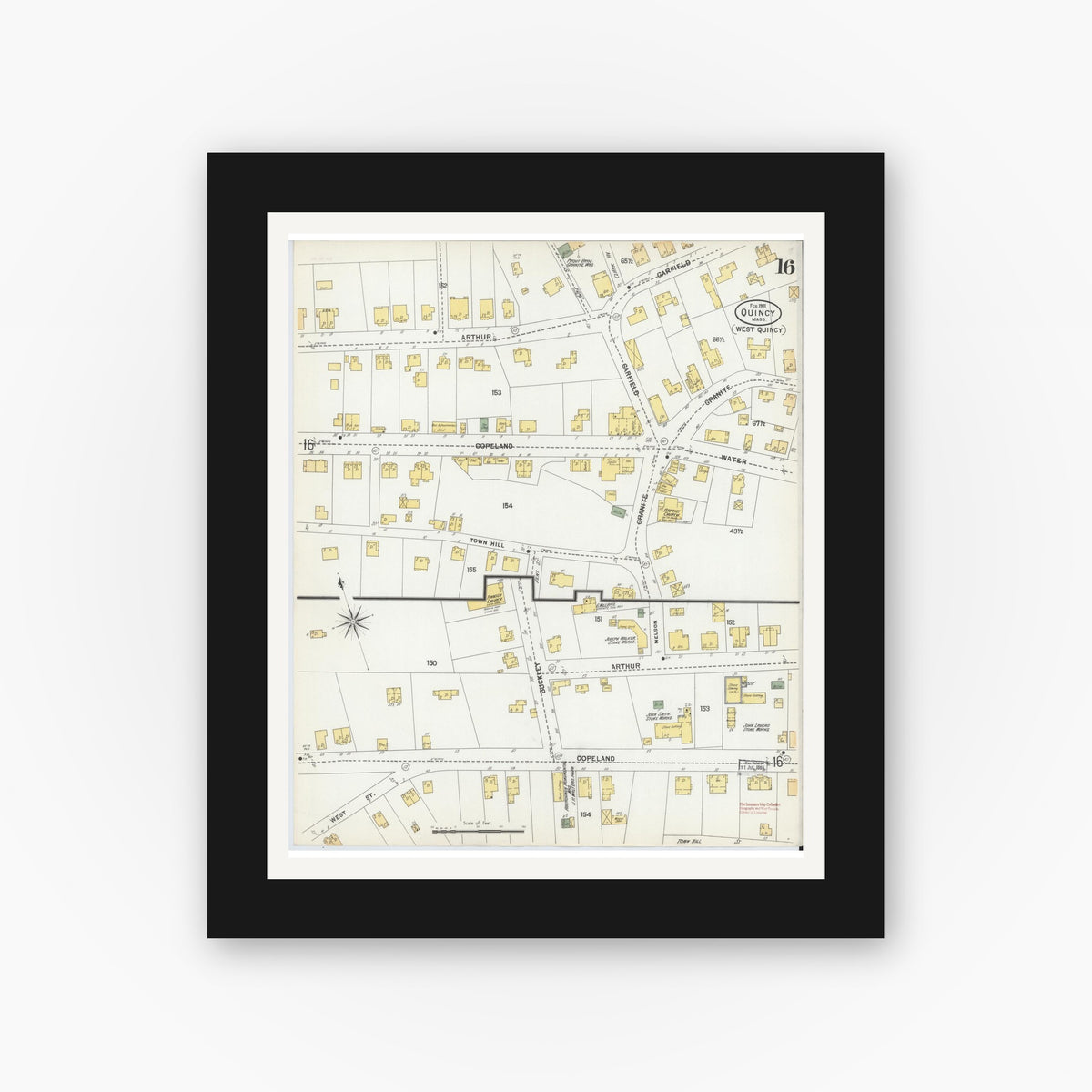 Old map wall art mockup — black gallery frame with white mat — Sanborn Fire Insurance Map from Quincy, Norfolk County, Massachusetts (1901), Sheet #0016