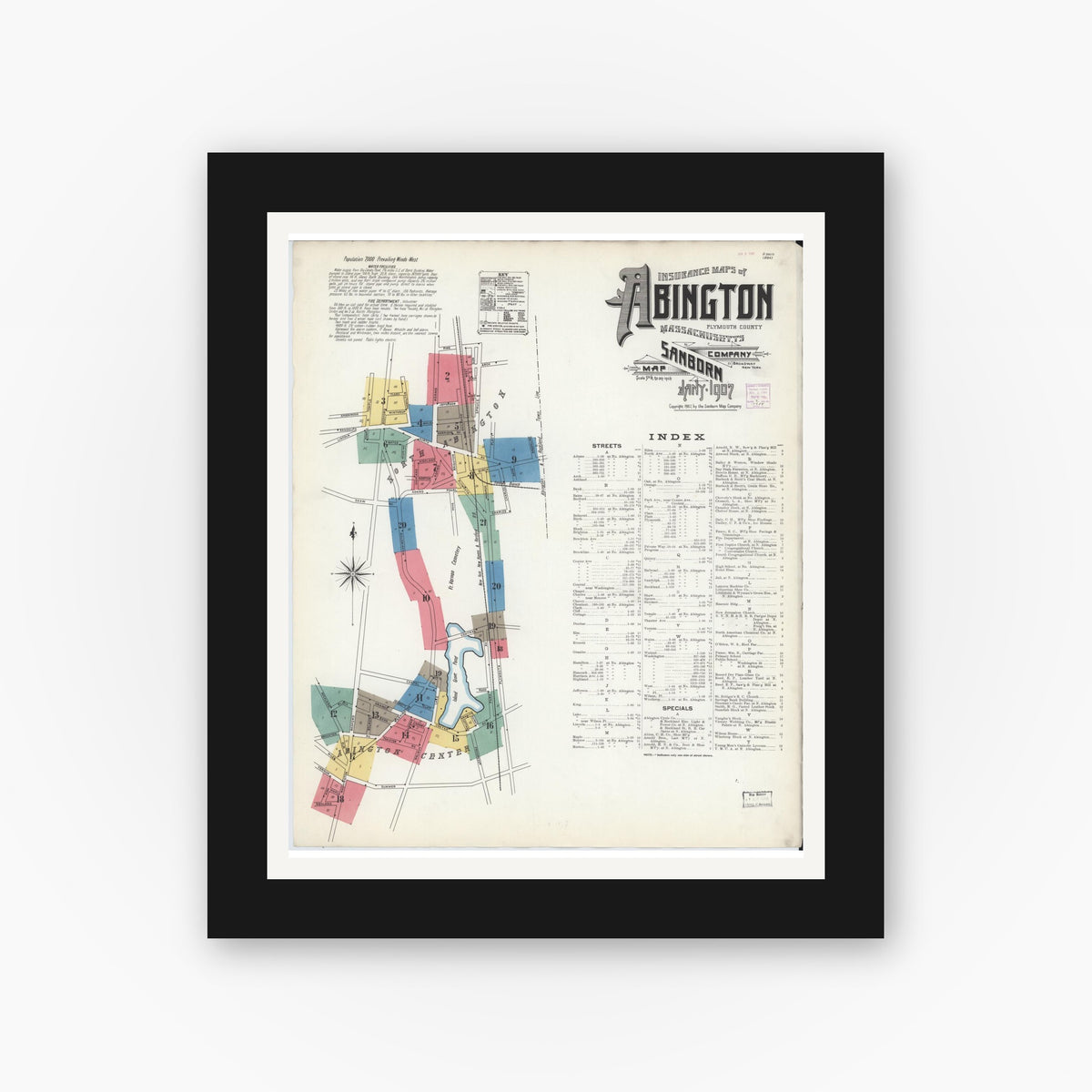 Old map wall art mockup — black gallery frame with white mat — Sanborn Fire Insurance Map from Abington, Plymouth County, Massachusetts (1907) - Complete Map Set