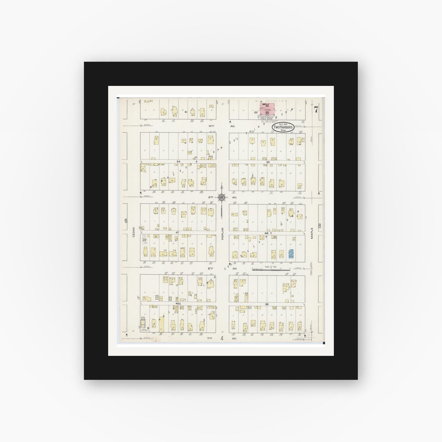 Old map wall art mockup — black gallery frame with white mat — Sanborn Fire Insurance Map from Two Harbors, Lake County, Minnesota (1914), Sheet #0007