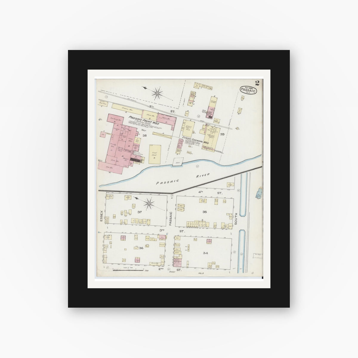 Old map wall art mockup — black gallery frame with white mat — Sanborn Fire Insurance Map from Passaic, Passaic County, New Jersey (1886), Sheet #0001