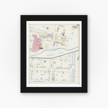 Old map wall art mockup — black gallery frame with white mat — Sanborn Fire Insurance Map from Passaic, Passaic County, New Jersey (1886), Sheet #0001