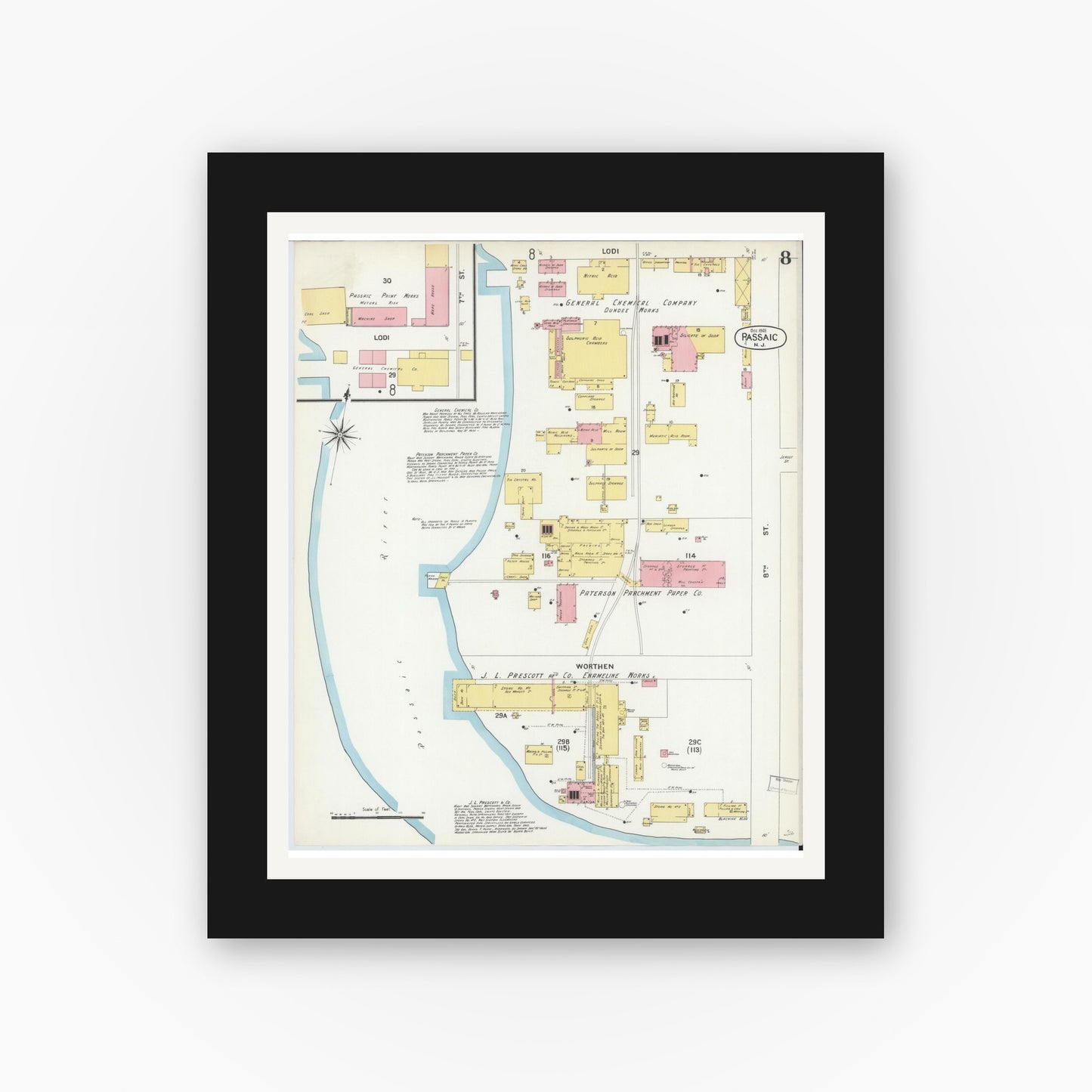 Old map wall art mockup — black gallery frame with white mat — Sanborn Fire Insurance Map from Passaic, Passaic County, New Jersey (1903), Sheet #0008