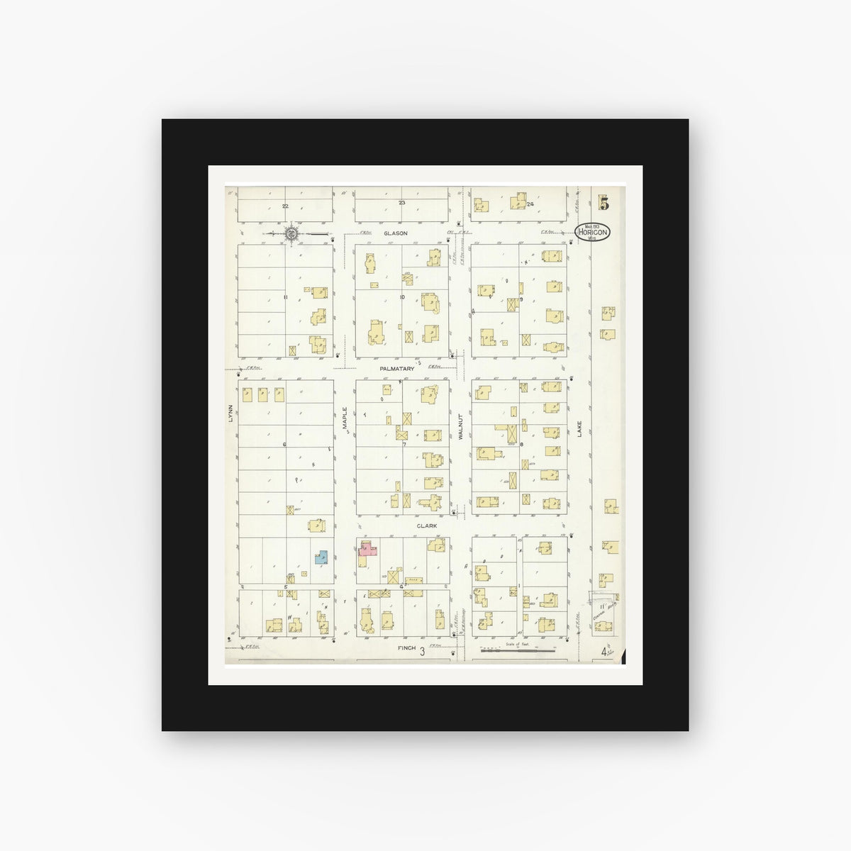 Old map wall art mockup — black gallery frame with white mat — Sanborn Fire Insurance Map from Horicon, Dodge County, Wisconsin (1913), Sheet #0005