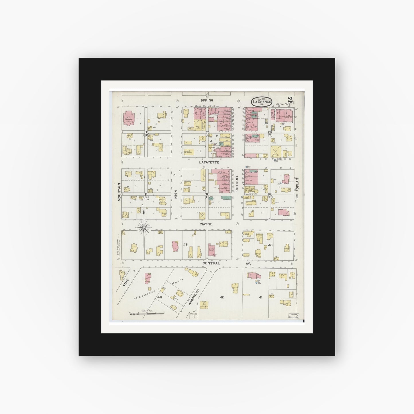 Old map wall art mockup — black gallery frame with white mat — Sanborn Fire Insurance Map from Lagrange, LaGrange County, Indiana (1892), Sheet #0002