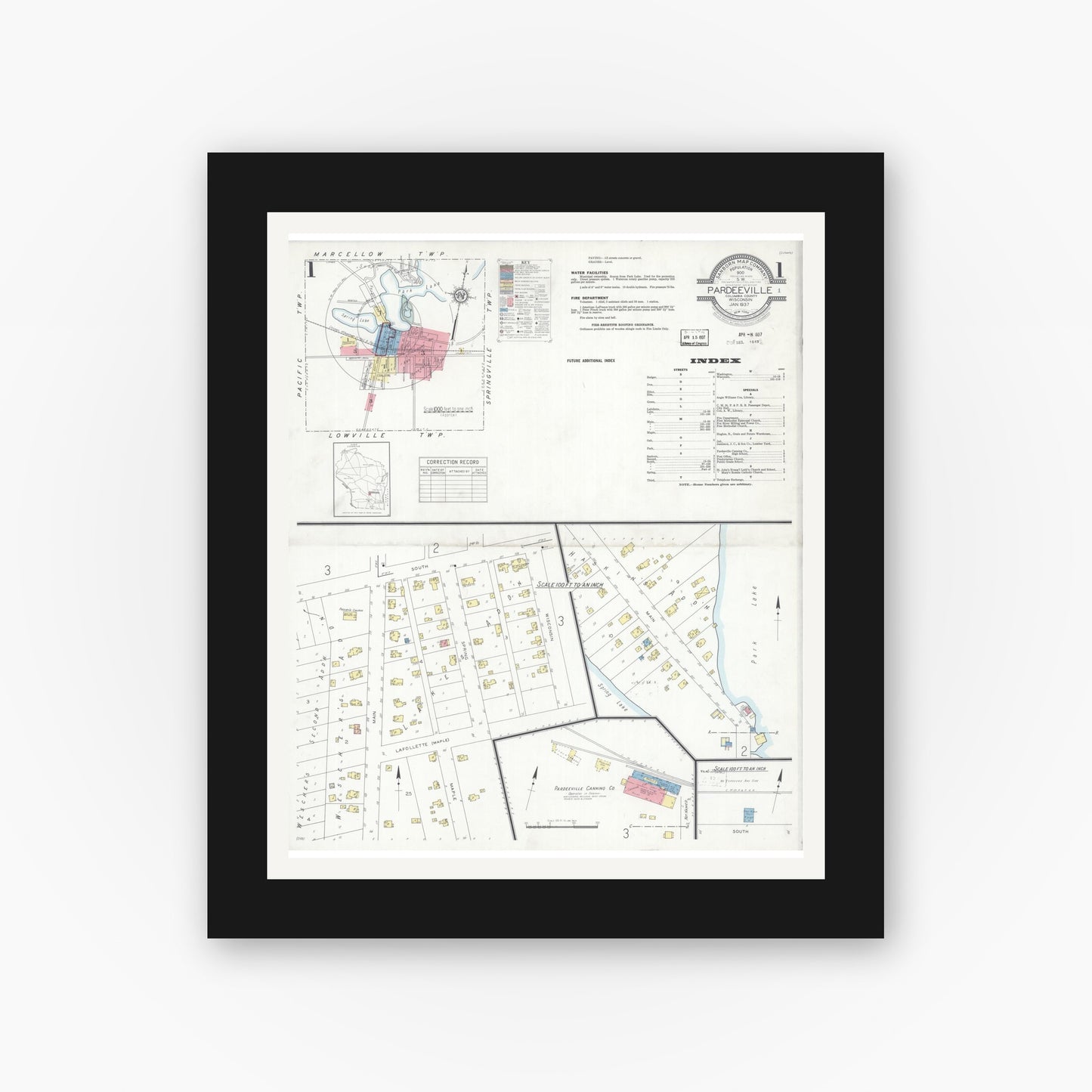 Old map wall art mockup — black gallery frame with white mat — Sanborn Fire Insurance Map from Pardeeville, Columbia County, Wisconsin (1937) - Complete Map Set