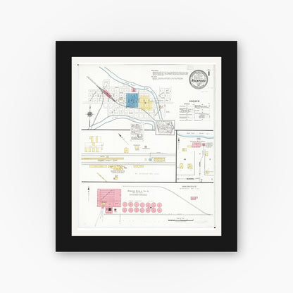 Old map wall art mockup — black gallery frame with white mat — Sanborn Fire Insurance Map from Rockford, Floyd County, Iowa (1918), Sheet #0001