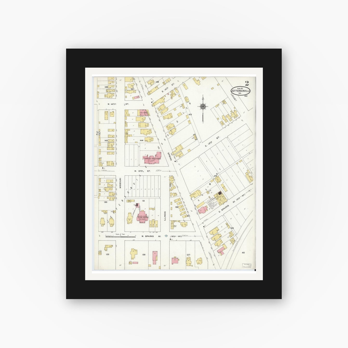 Old map wall art mockup — black gallery frame with white mat — Sanborn Fire Insurance Map from Jeffersonville, Clark County, Indiana (1911), Sheet #0002