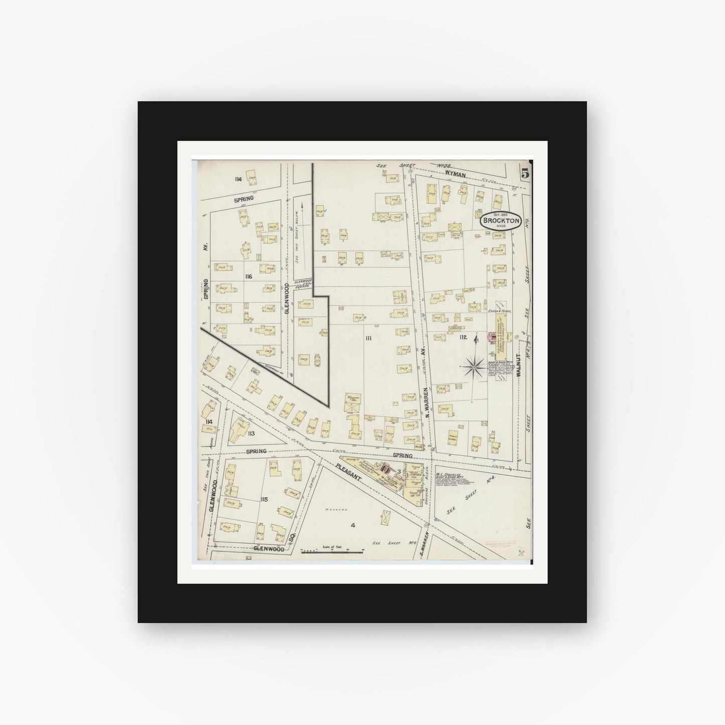 Old map wall art mockup — black gallery frame with white mat — Sanborn Fire Insurance Map from Brockton, Plymouth County, Massachusetts (1889), Sheet #0005