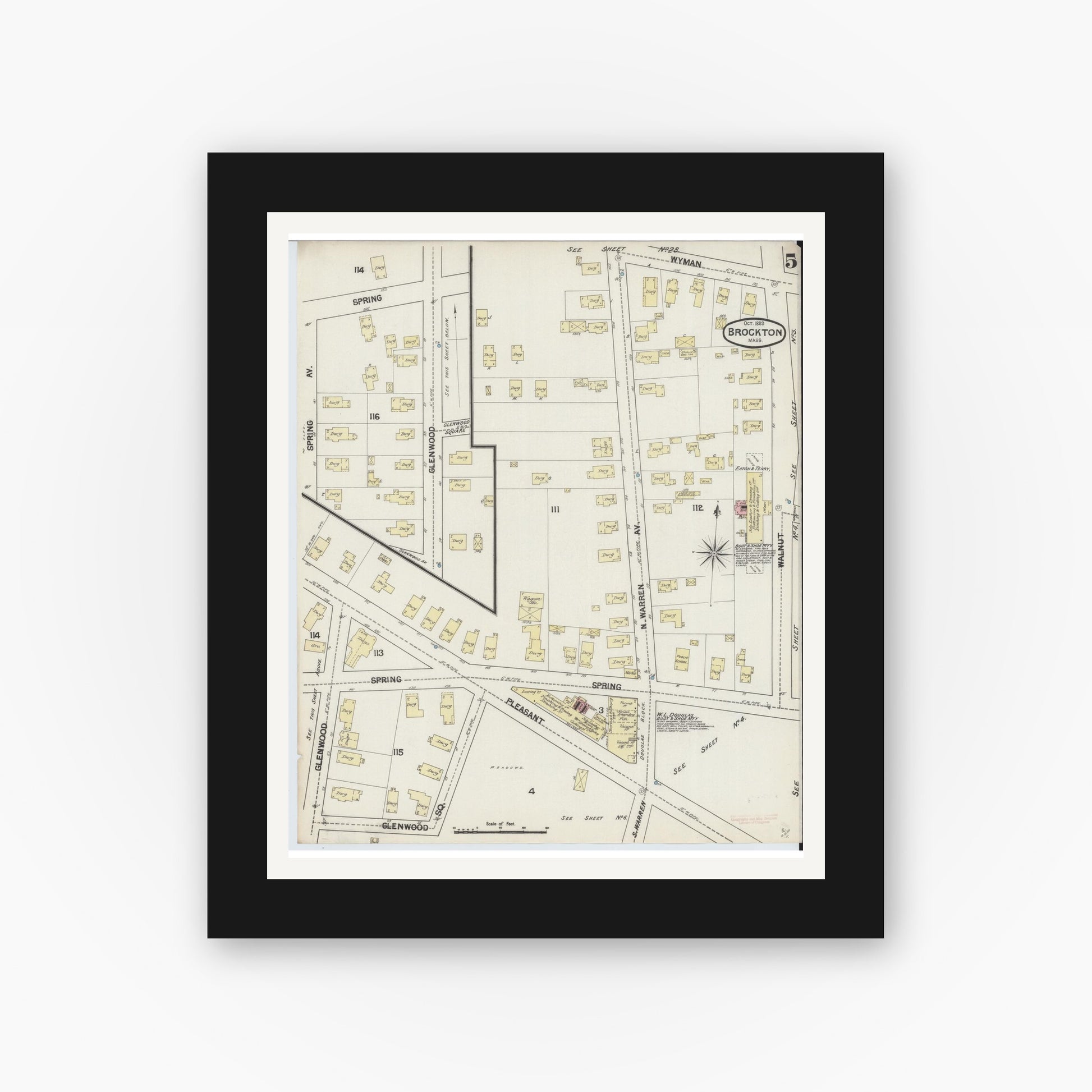 Old map wall art mockup — black gallery frame with white mat — Sanborn Fire Insurance Map from Brockton, Plymouth County, Massachusetts (1889), Sheet #0005