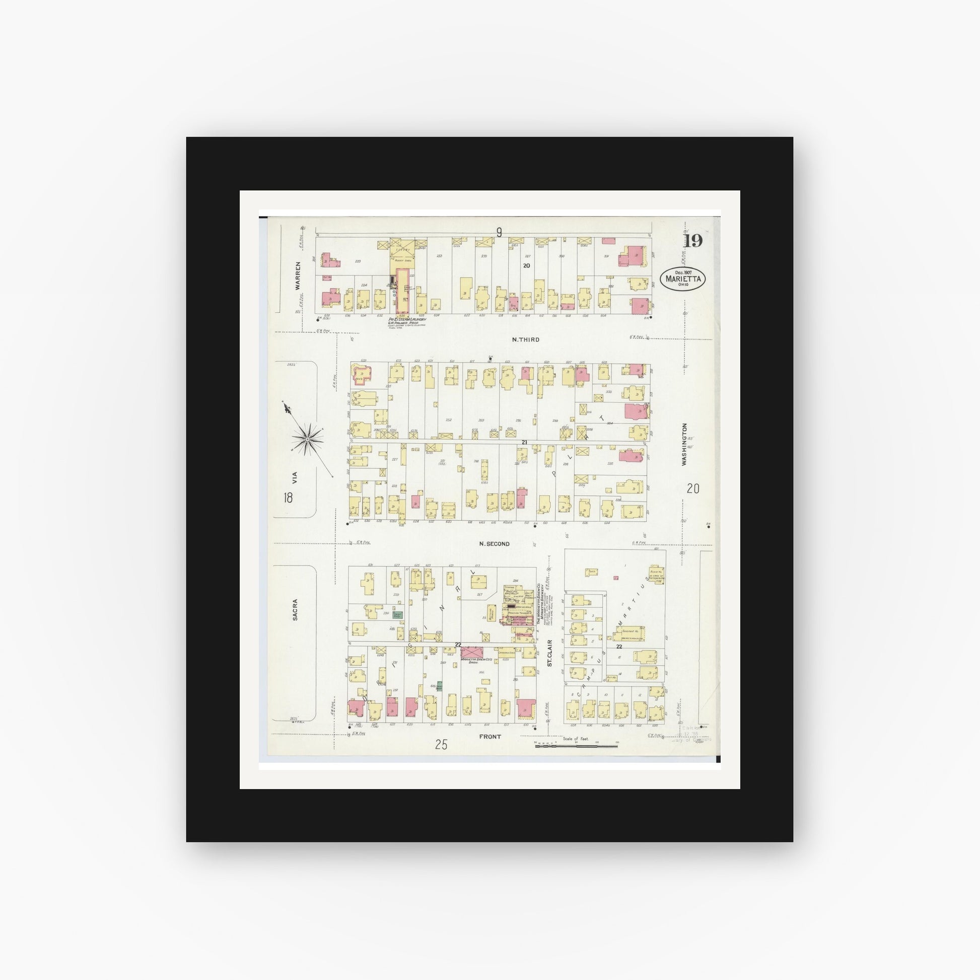Old map wall art mockup — black gallery frame with white mat — Sanborn Fire Insurance Map from Marietta, Washington County, Ohio (1907), Sheet #0019