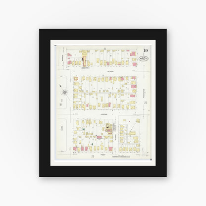 Old map wall art mockup — black gallery frame with white mat — Sanborn Fire Insurance Map from Marietta, Washington County, Ohio (1907), Sheet #0019