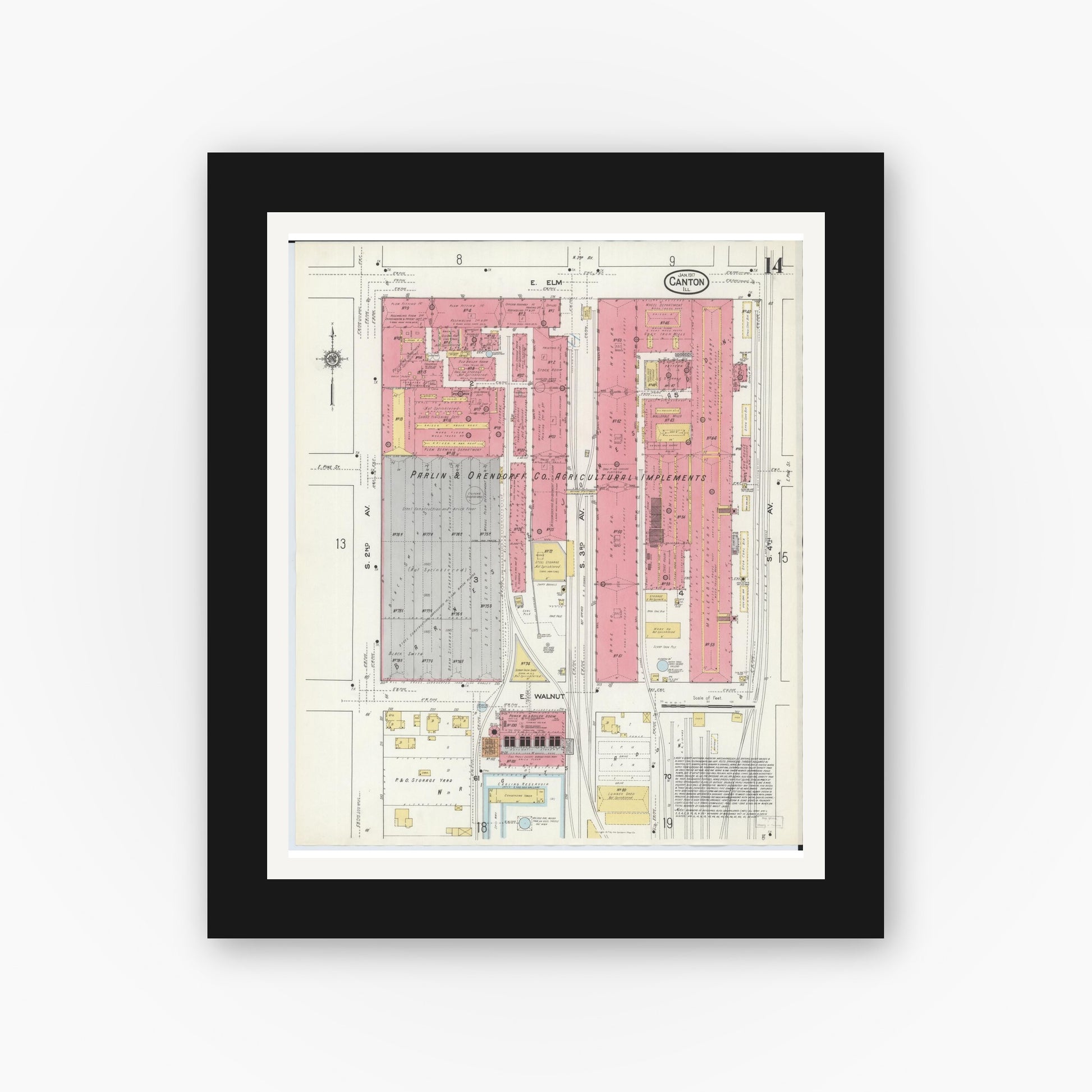Old map wall art mockup — black gallery frame with white mat — Sanborn Fire Insurance Map from Canton, Fulton County, Illinois (1917), Sheet #0014