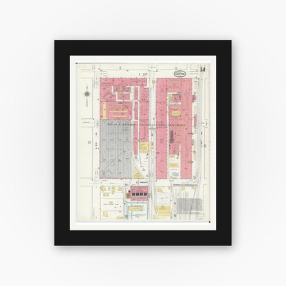 Old map wall art mockup — black gallery frame with white mat — Sanborn Fire Insurance Map from Canton, Fulton County, Illinois (1917), Sheet #0014
