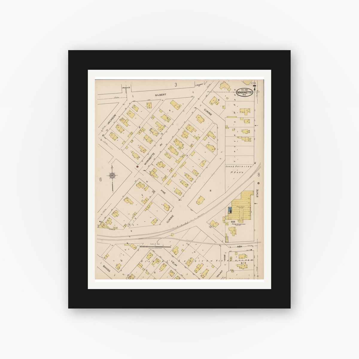 Old map wall art mockup — black gallery frame with white mat — Sanborn Fire Insurance Map from Marinette, Marinette County, Wisconsin (1921), Sheet #0007