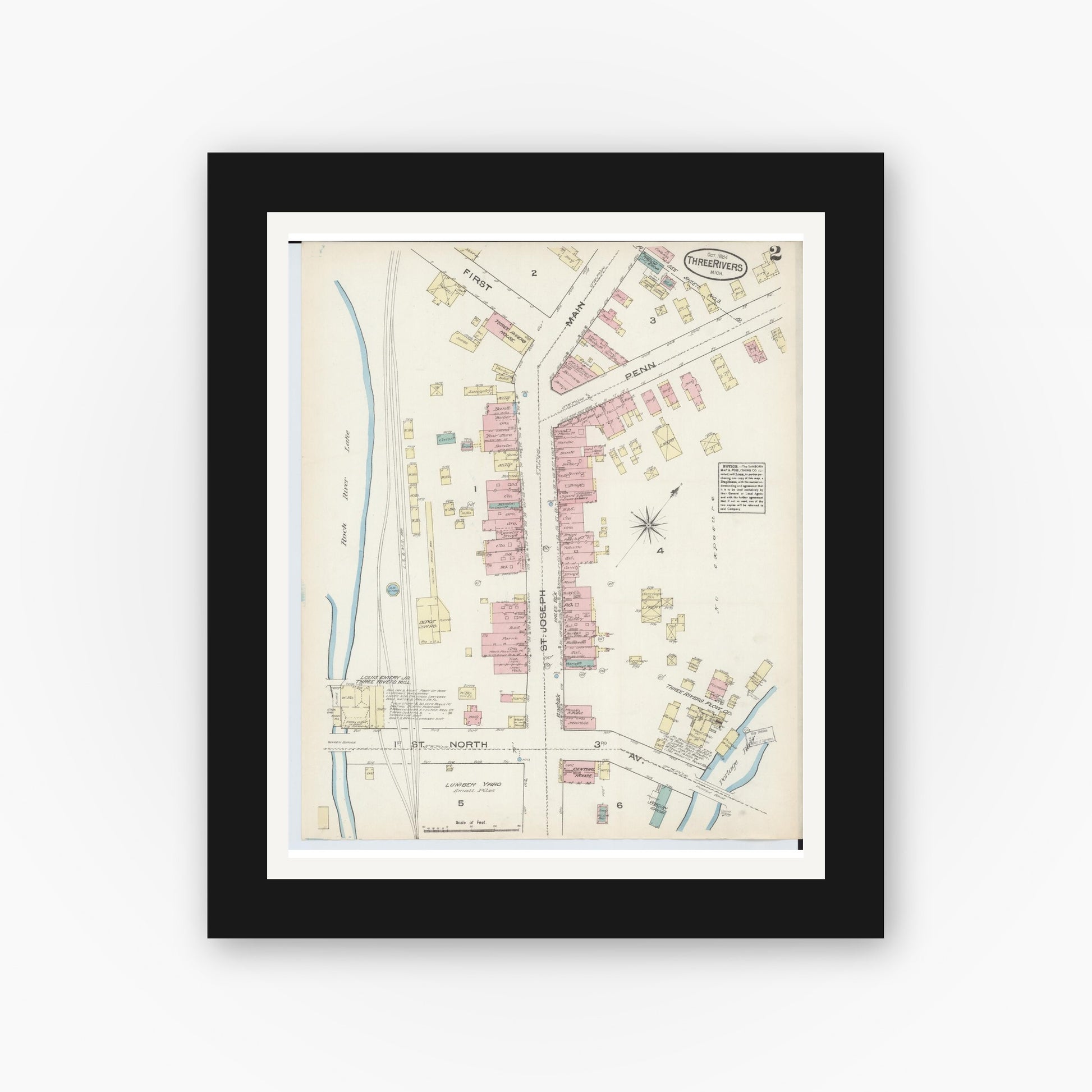 Old map wall art mockup — black gallery frame with white mat — Sanborn Fire Insurance Map from Three Rivers, Saint Joseph County, Michigan (1884), Sheet #0002