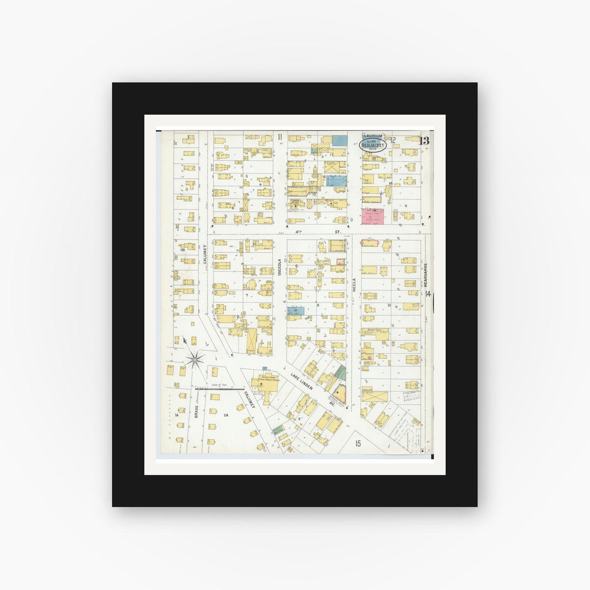 Old map wall art mockup — black gallery frame with white mat — Sanborn Fire Insurance Map from Red Jacket, Houghton County, Michigan (1900), Sheet #0013