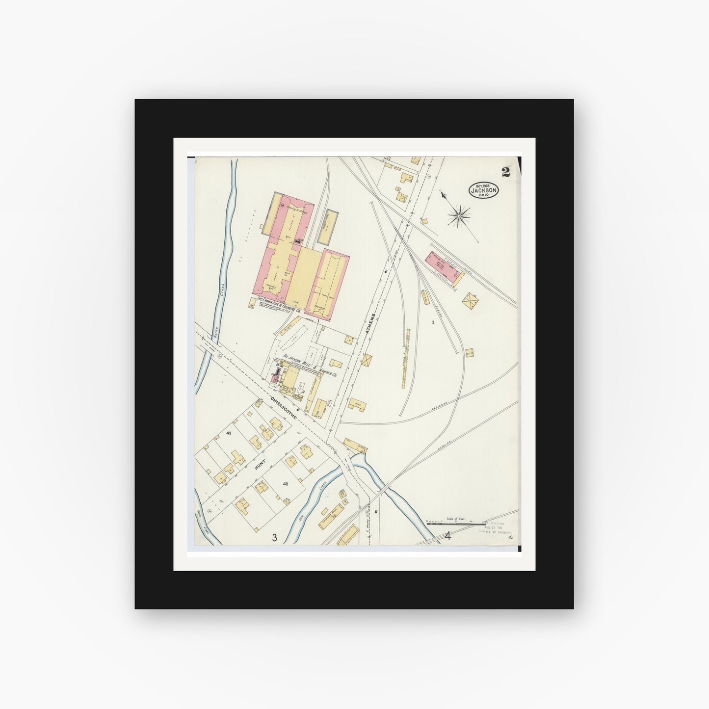 Old map wall art mockup — black gallery frame with white mat — Sanborn Fire Insurance Map from Jackson, Jackson County, Ohio (1905), Sheet #0002