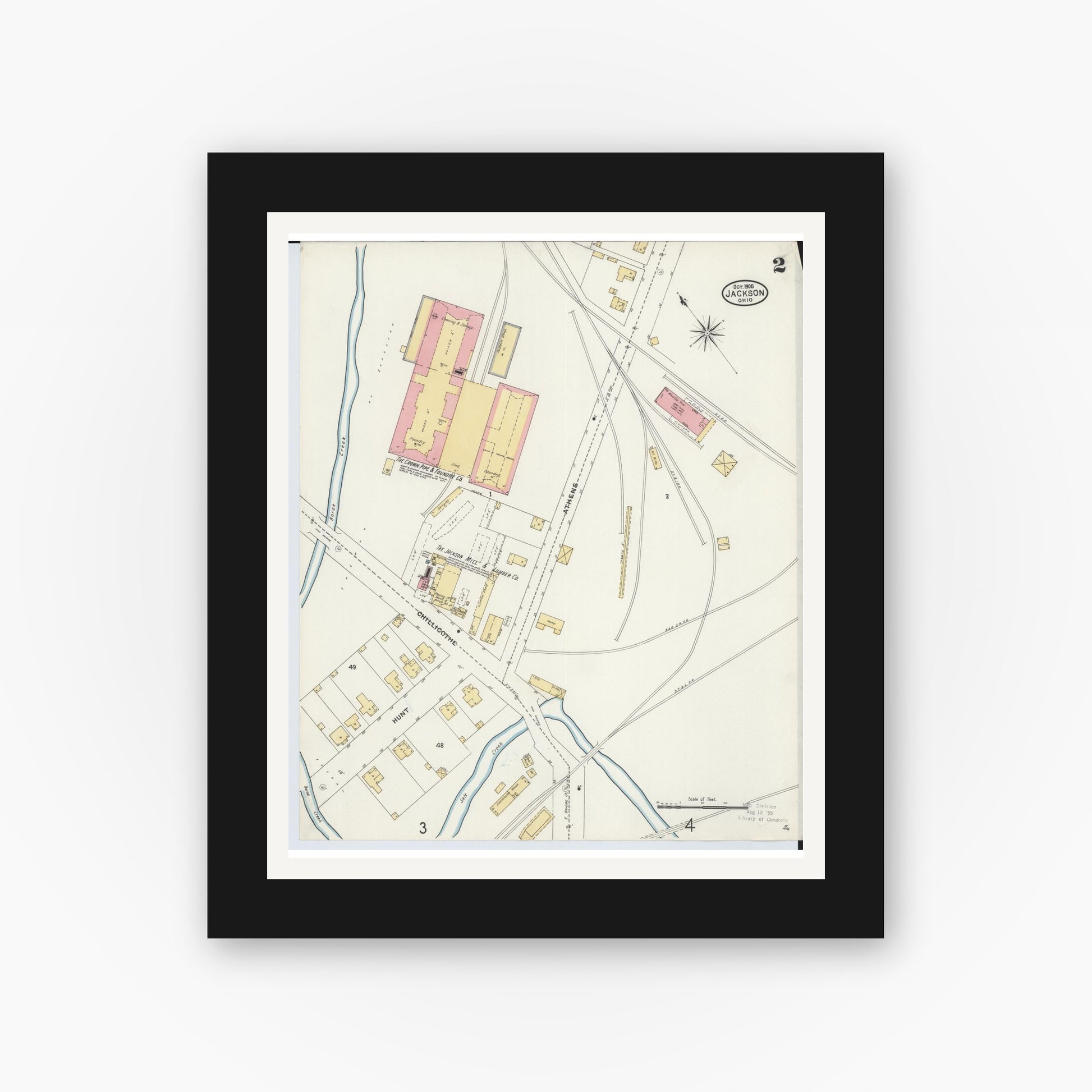 Old map wall art mockup — black gallery frame with white mat — Sanborn Fire Insurance Map from Jackson, Jackson County, Ohio (1905), Sheet #0002
