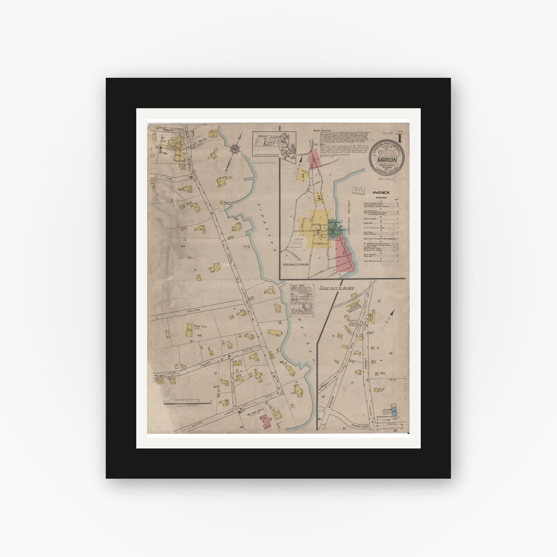Old map wall art mockup — black gallery frame with white mat — Sanborn Fire Insurance Map from Marion, Plymouth County, Massachusetts (1921), Sheet #0001