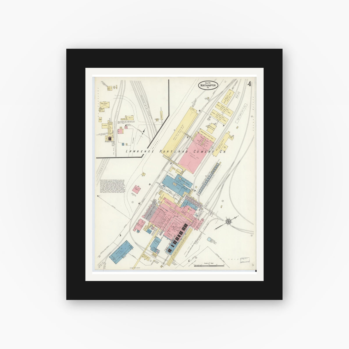 Old map wall art mockup — black gallery frame with white mat — Sanborn Fire Insurance Map from Northampton, Northampton County, Pennsylvania (1911), Sheet #0004