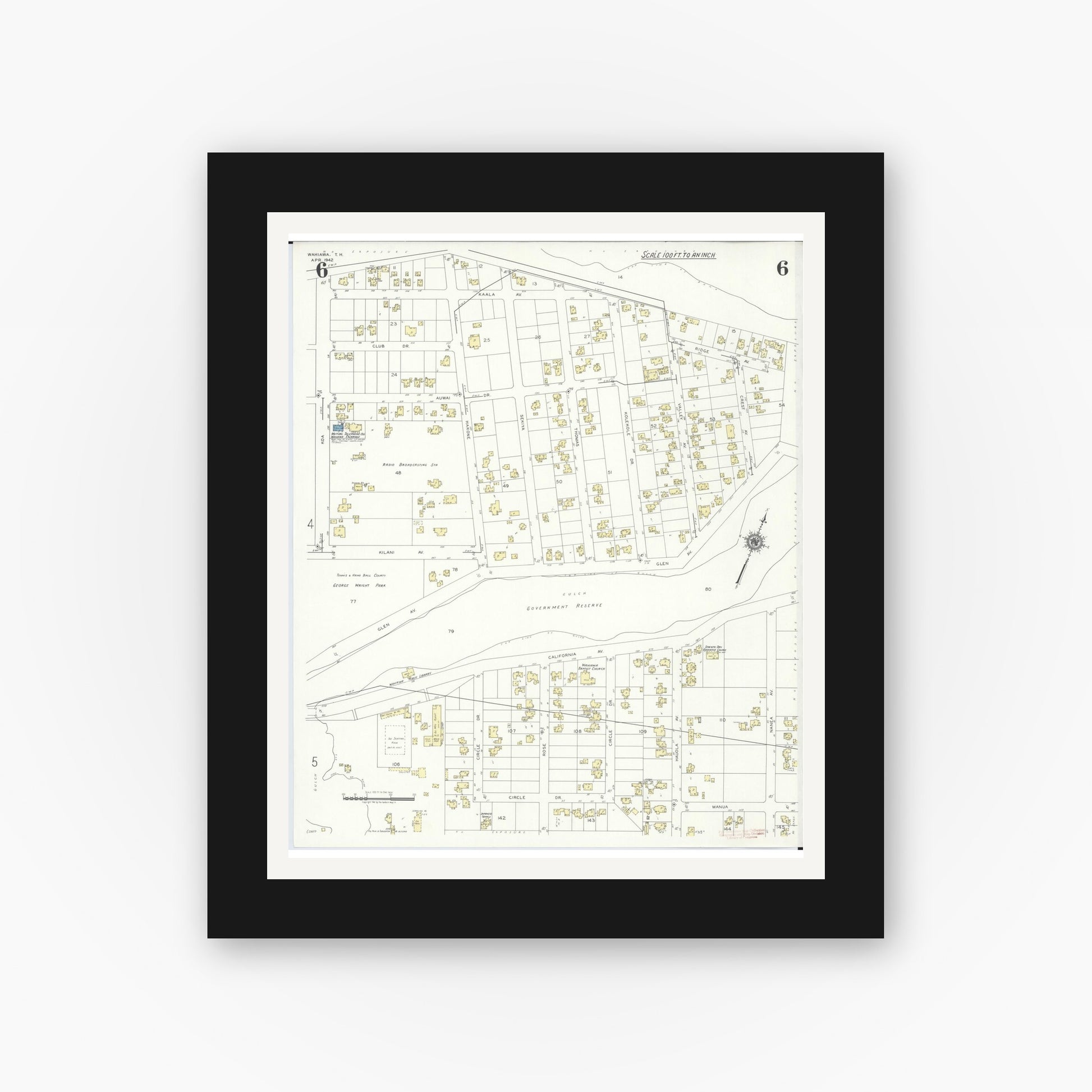 Old map wall art mockup — black gallery frame with white mat — Sanborn Fire Insurance Map from Wahiawa, Honolulu County, Hawaii (1942), Sheet #0006