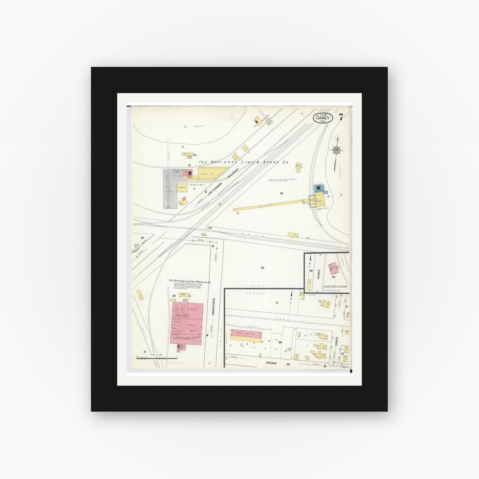 Old map wall art mockup — black gallery frame with white mat — Sanborn Fire Insurance Map from Carey, Wyandot County, Ohio (1916), Sheet #0007