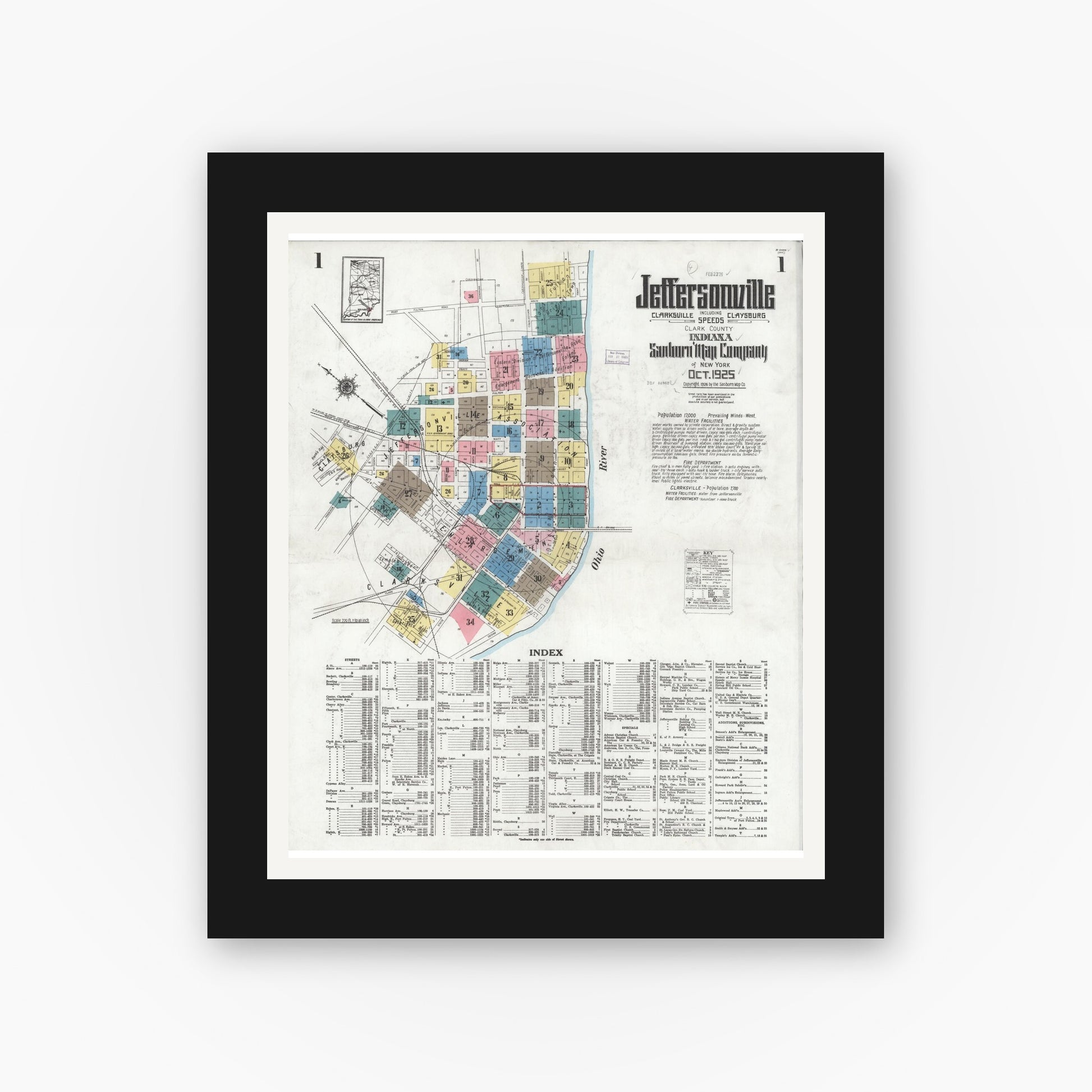 Old map wall art mockup — black gallery frame with white mat — Sanborn Fire Insurance Map from Jeffersonville, Clark County, Indiana (1925), Sheet #0001