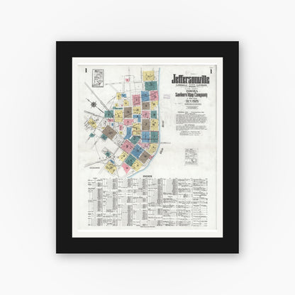 Old map wall art mockup — black gallery frame with white mat — Sanborn Fire Insurance Map from Jeffersonville, Clark County, Indiana (1925), Sheet #0001