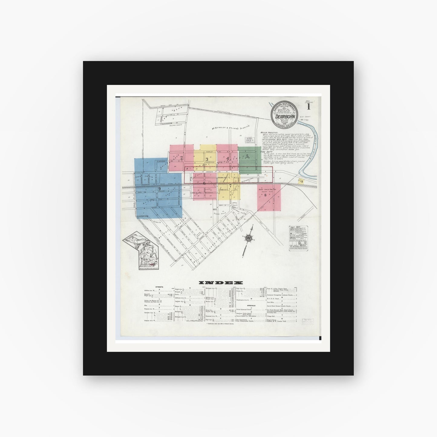 Old map wall art mockup — black gallery frame with white mat — Sanborn Fire Insurance Map from Dearborn, Wayne County, Michigan (1919), Sheet #0001
