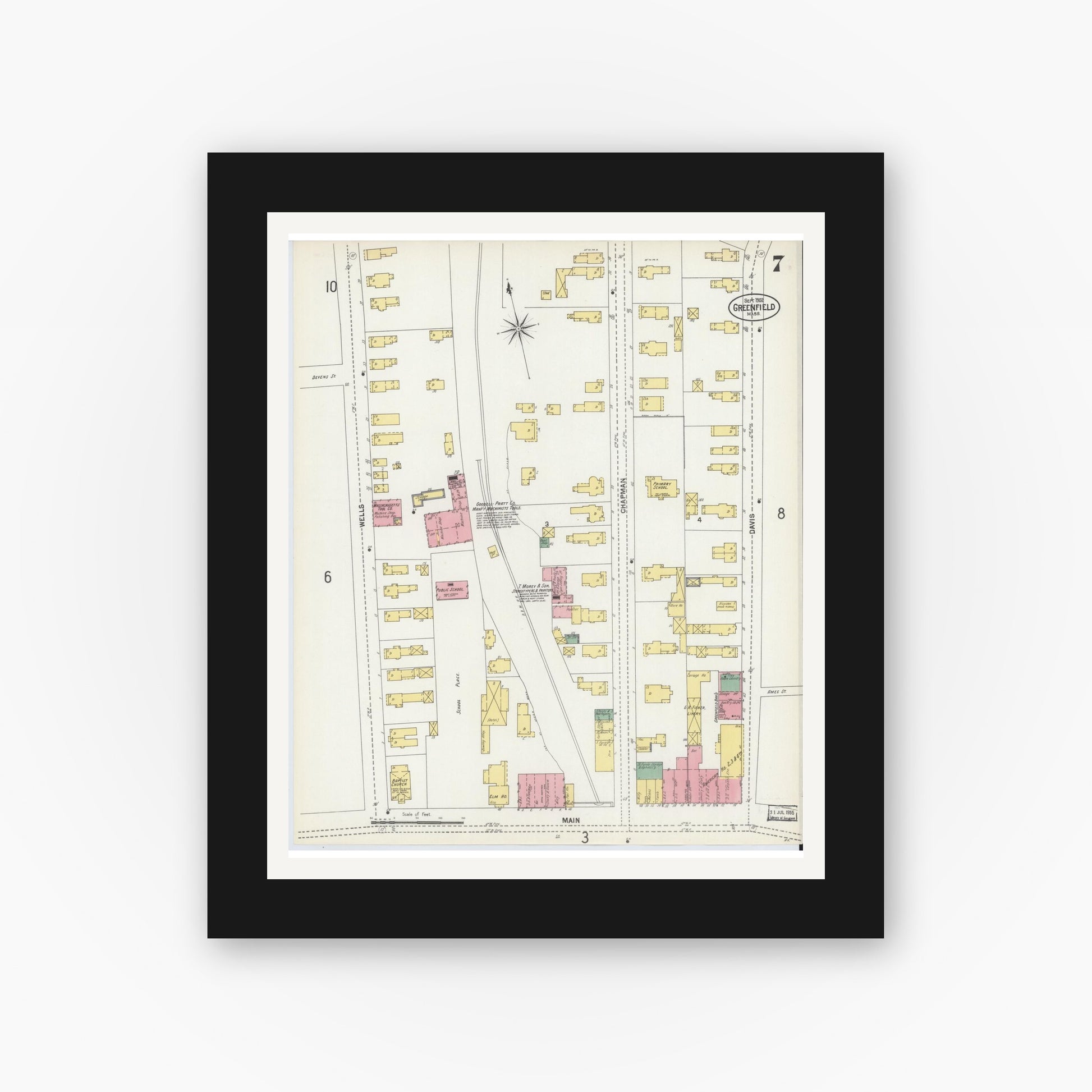 Old map wall art mockup — black gallery frame with white mat — Sanborn Fire Insurance Map from Greenfield, Franklin County, Massachusetts (1902), Sheet #0007