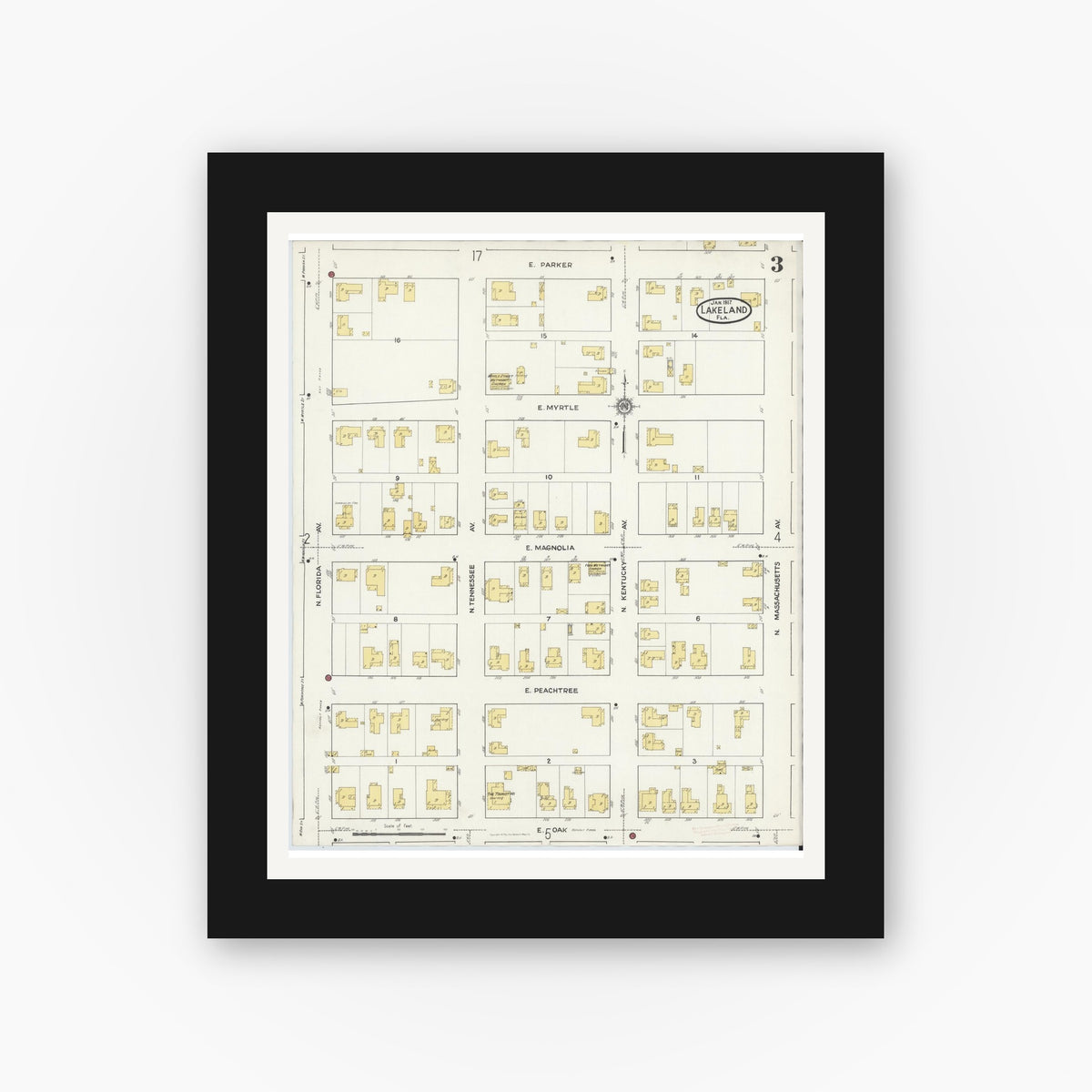 Old map wall art mockup — black gallery frame with white mat — Sanborn Fire Insurance Map from Lakeland, Polk County, Florida (1917), Sheet #0003