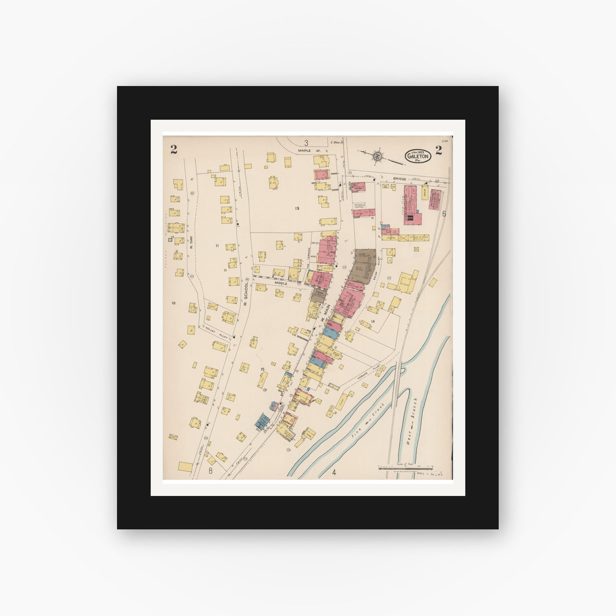 Old map wall art mockup — black gallery frame with white mat — Sanborn Fire Insurance Map from Galeton, Potter County, Pennsylvania (1923), Sheet #0002