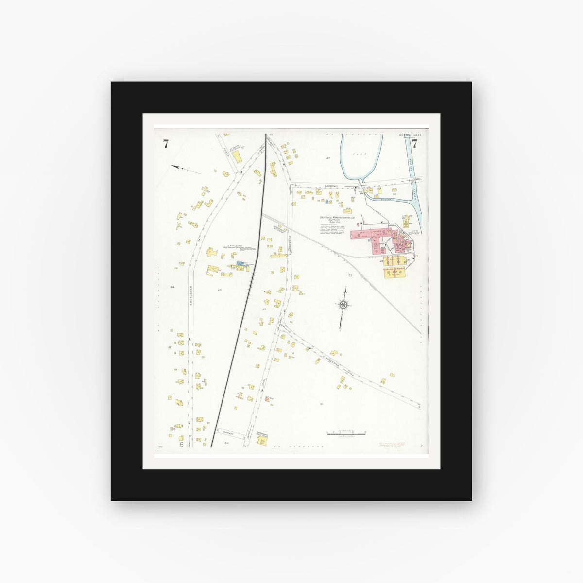 Old map wall art mockup — black gallery frame with white mat — Sanborn Fire Insurance Map from Norton, Bristol County, Massachusetts (1937), Sheet #0007