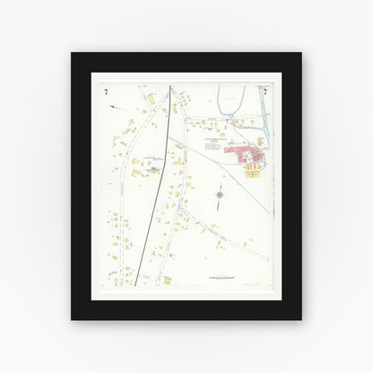 Old map wall art mockup — black gallery frame with white mat — Sanborn Fire Insurance Map from Norton, Bristol County, Massachusetts (1937), Sheet #0007
