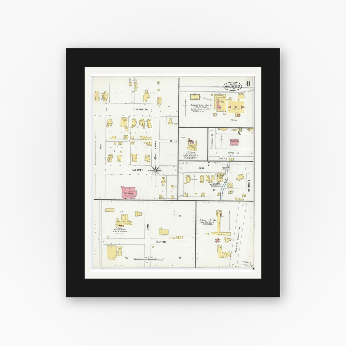 Old map wall art mockup — black gallery frame with white mat — Sanborn Fire Insurance Map from Winchester, Randolph County, Indiana (1899), Sheet #0008
