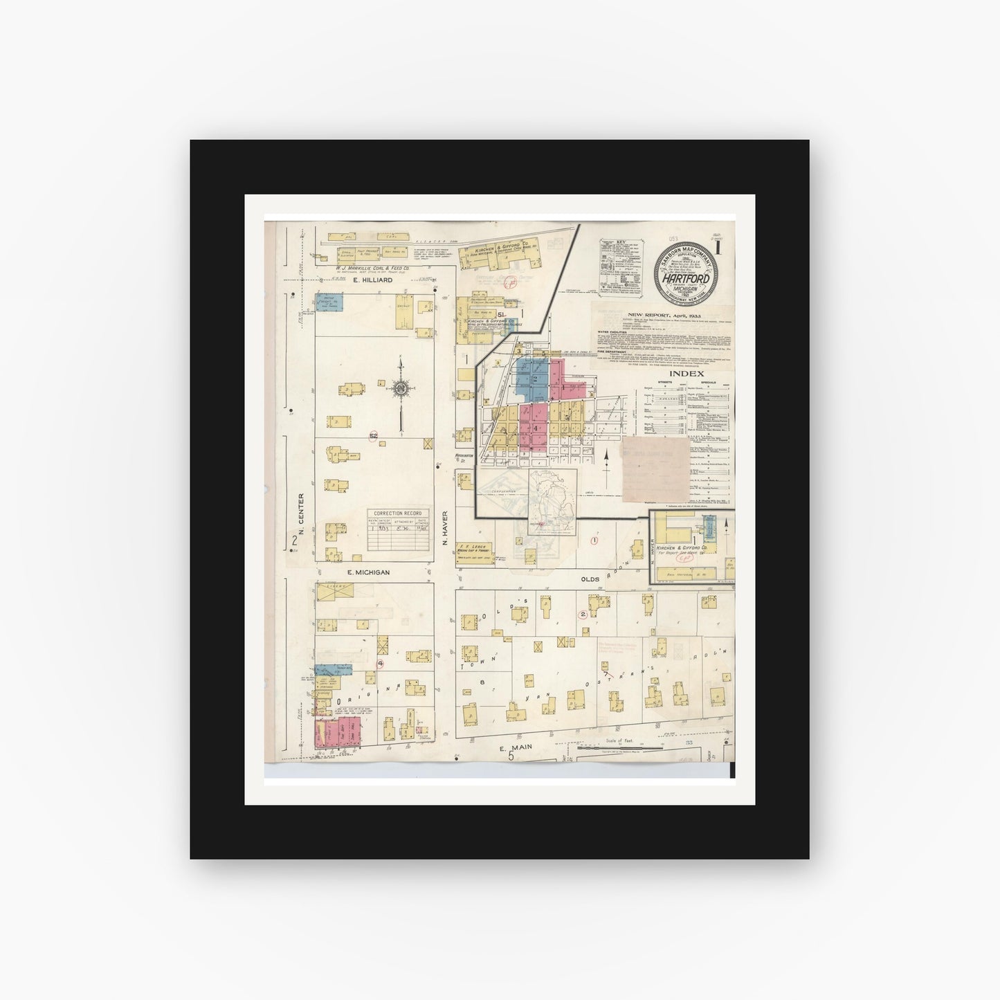 Old map wall art mockup — black gallery frame with white mat — Sanborn Fire Insurance Map from Hartford, Van Buren County, Michigan (1933), Sheet #0001