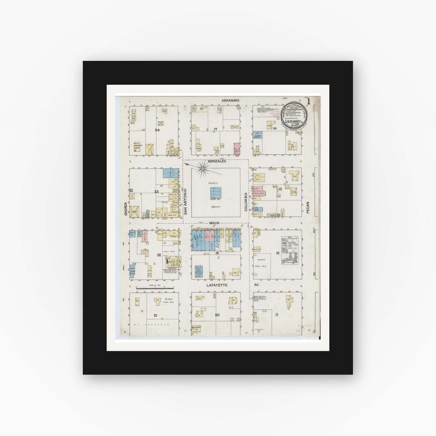 Old map wall art mockup — black gallery frame with white mat — Sanborn Fire Insurance Map from Lockhart, Caldwell County, Texas (1888), Sheet #0001