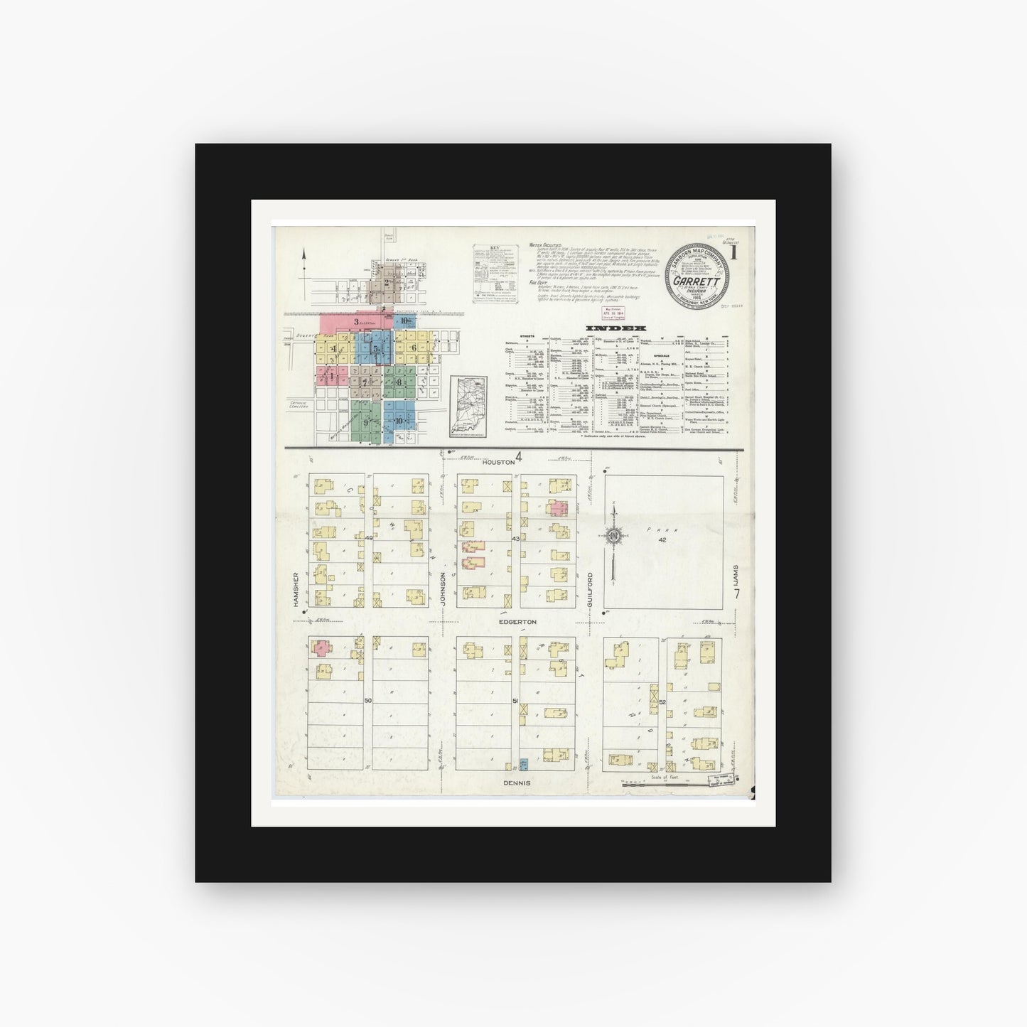 Old map wall art mockup — black gallery frame with white mat — Sanborn Fire Insurance Map from Garrett, De Kalb County, Indiana (1914) - Complete Map Set