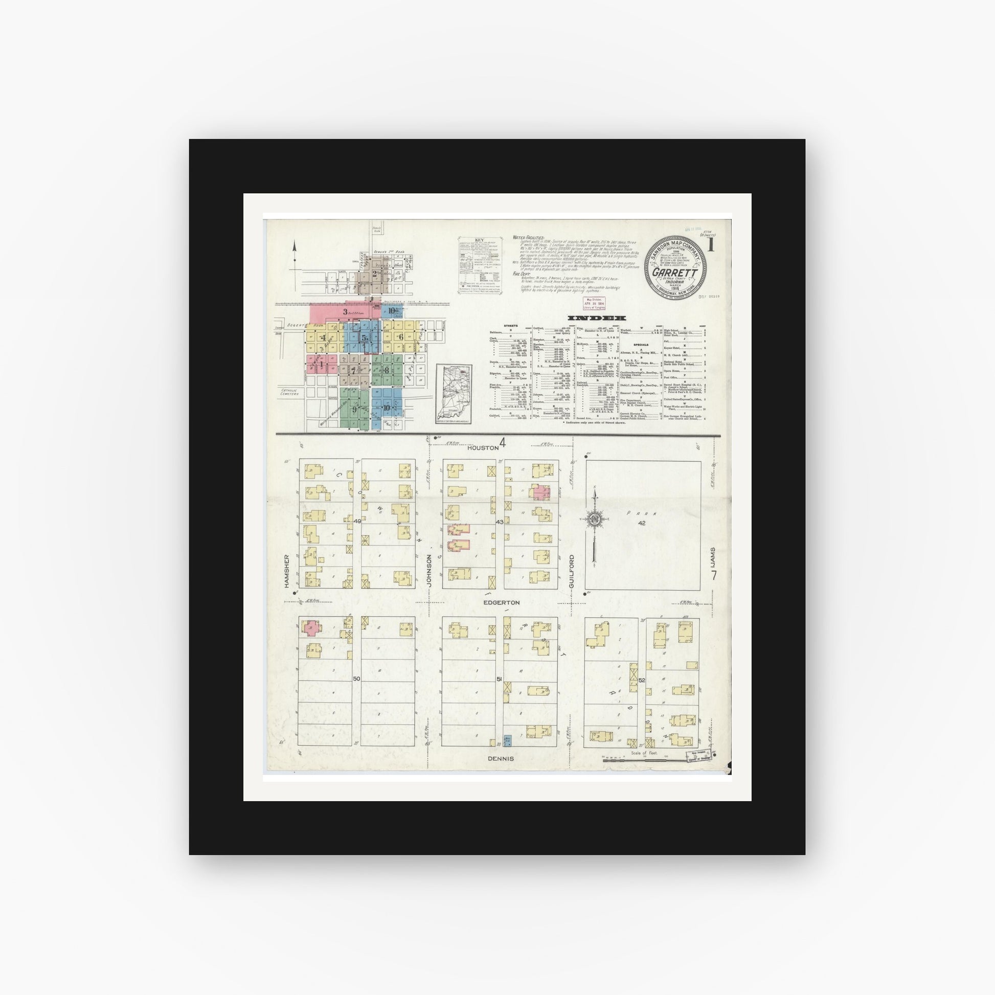Old map wall art mockup — black gallery frame with white mat — Sanborn Fire Insurance Map from Garrett, De Kalb County, Indiana (1914) - Complete Map Set