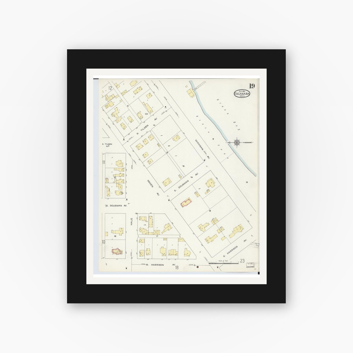 Old map wall art mockup — black gallery frame with white mat — Sanborn Fire Insurance Map from Escanaba, Delta County, Michigan (1913), Sheet #0019