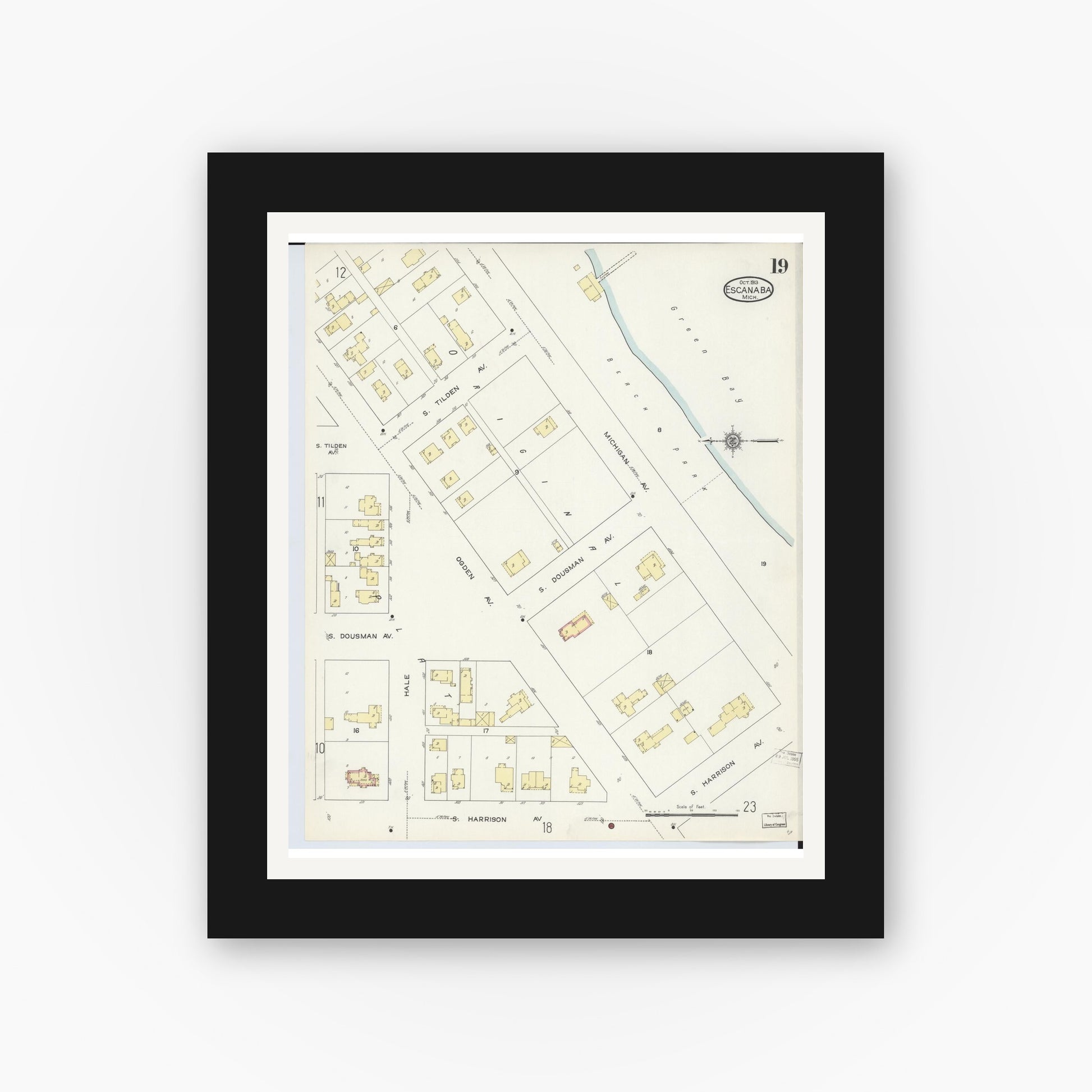 Old map wall art mockup — black gallery frame with white mat — Sanborn Fire Insurance Map from Escanaba, Delta County, Michigan (1913), Sheet #0019