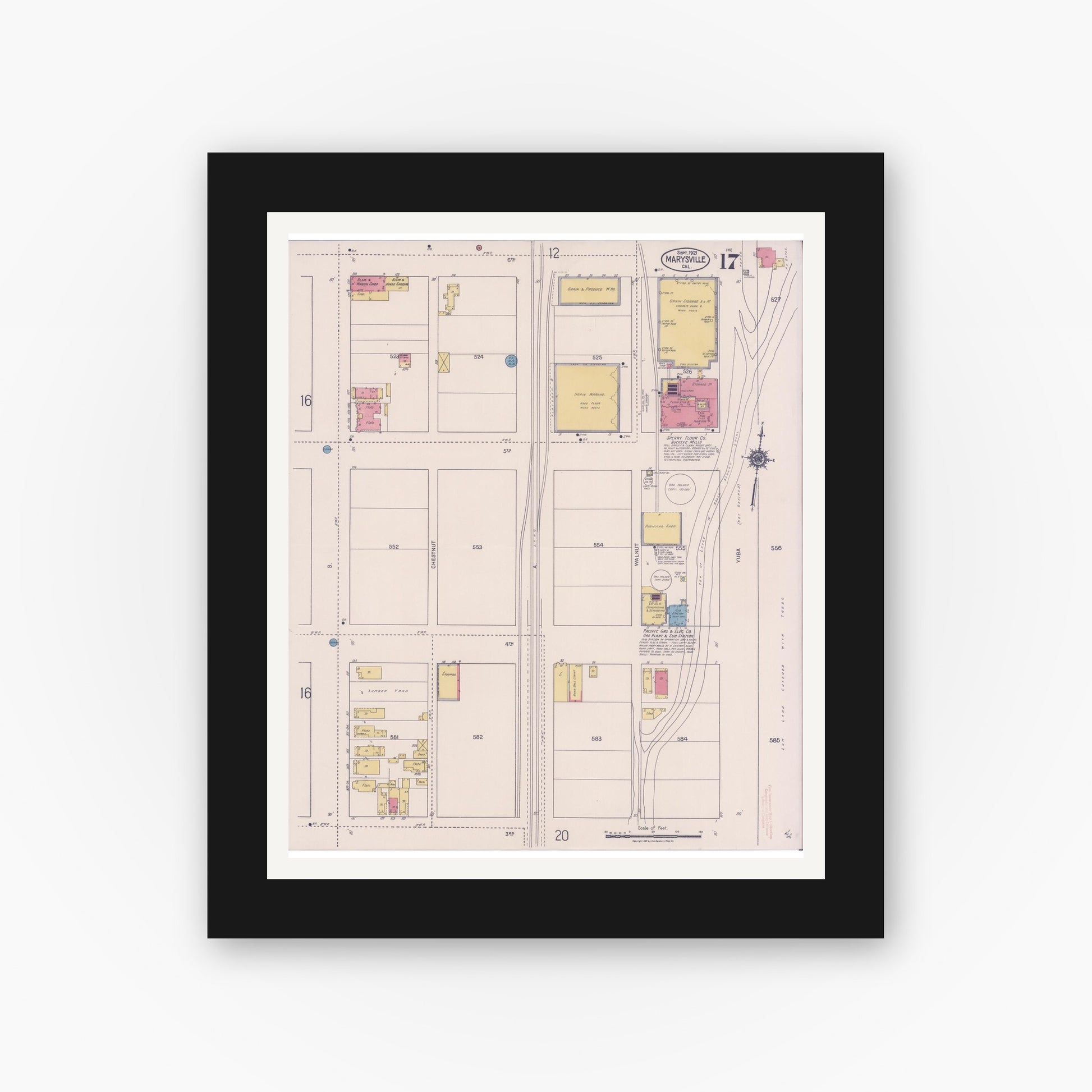 Old map wall art mockup — black gallery frame with white mat — Sanborn Fire Insurance Map from Marysville, Yuba County, California (1921), Sheet #0017
