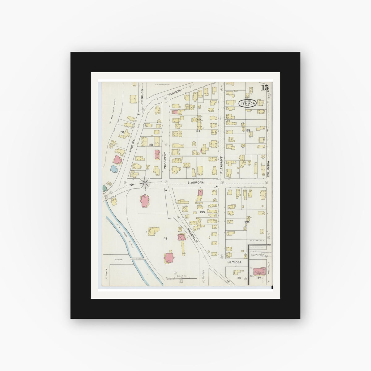 Old map wall art mockup — black gallery frame with white mat — Sanborn Fire Insurance Map from Ithaca, Tompkins County, New York (1893), Sheet #0015