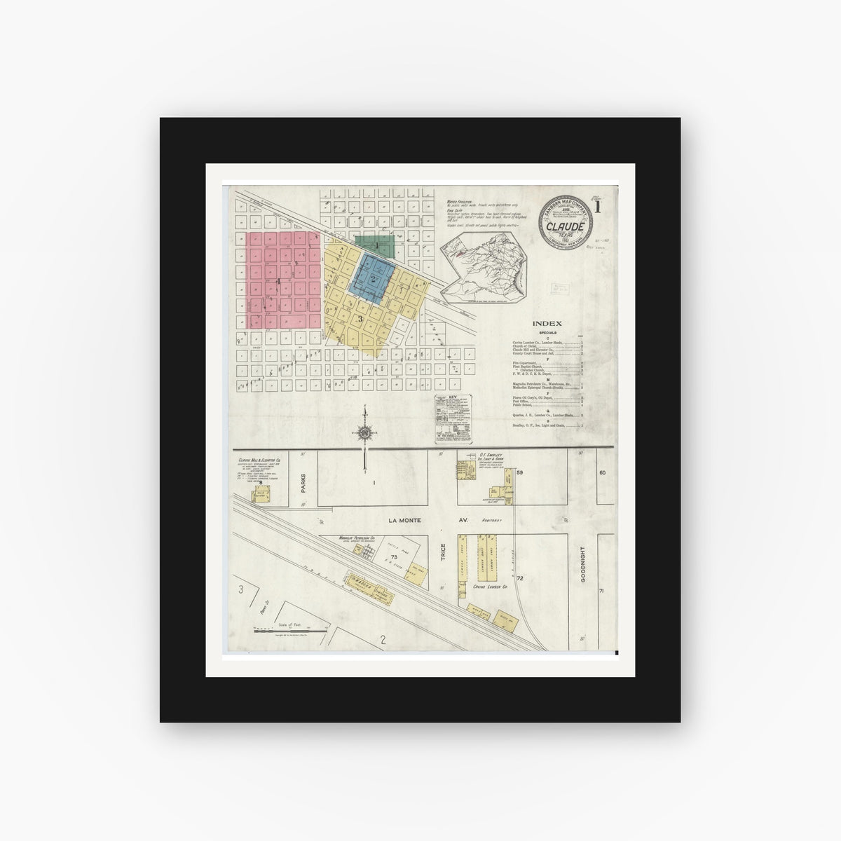 Old map wall art mockup — black gallery frame with white mat — Sanborn Fire Insurance Map from Claude, Armstrong County, Texas (1921) - Complete Map Set
