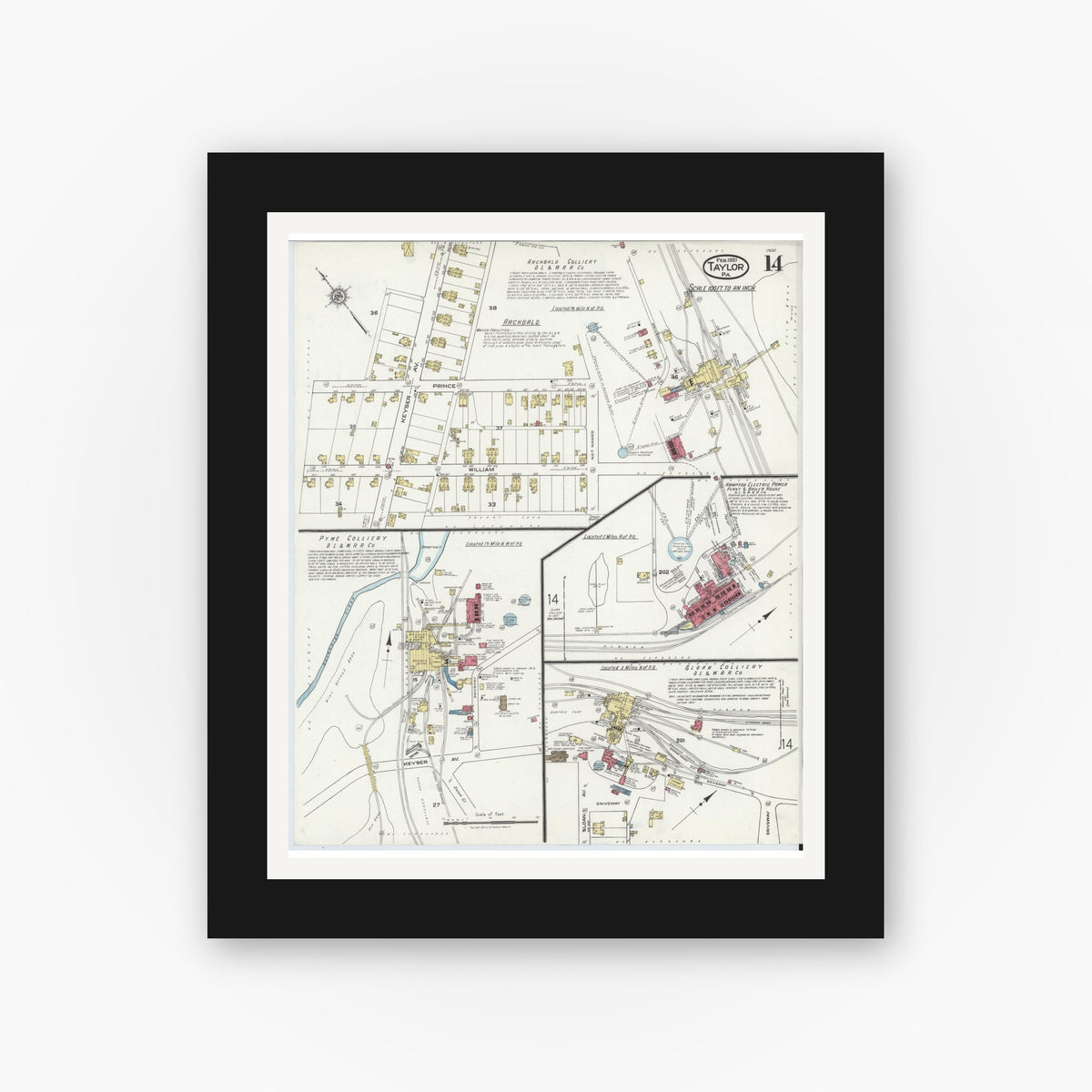 Old map wall art mockup — black gallery frame with white mat — Sanborn Fire Insurance Map from Taylor, Lackawanna County, Pennsylvania (1921), Sheet #0014