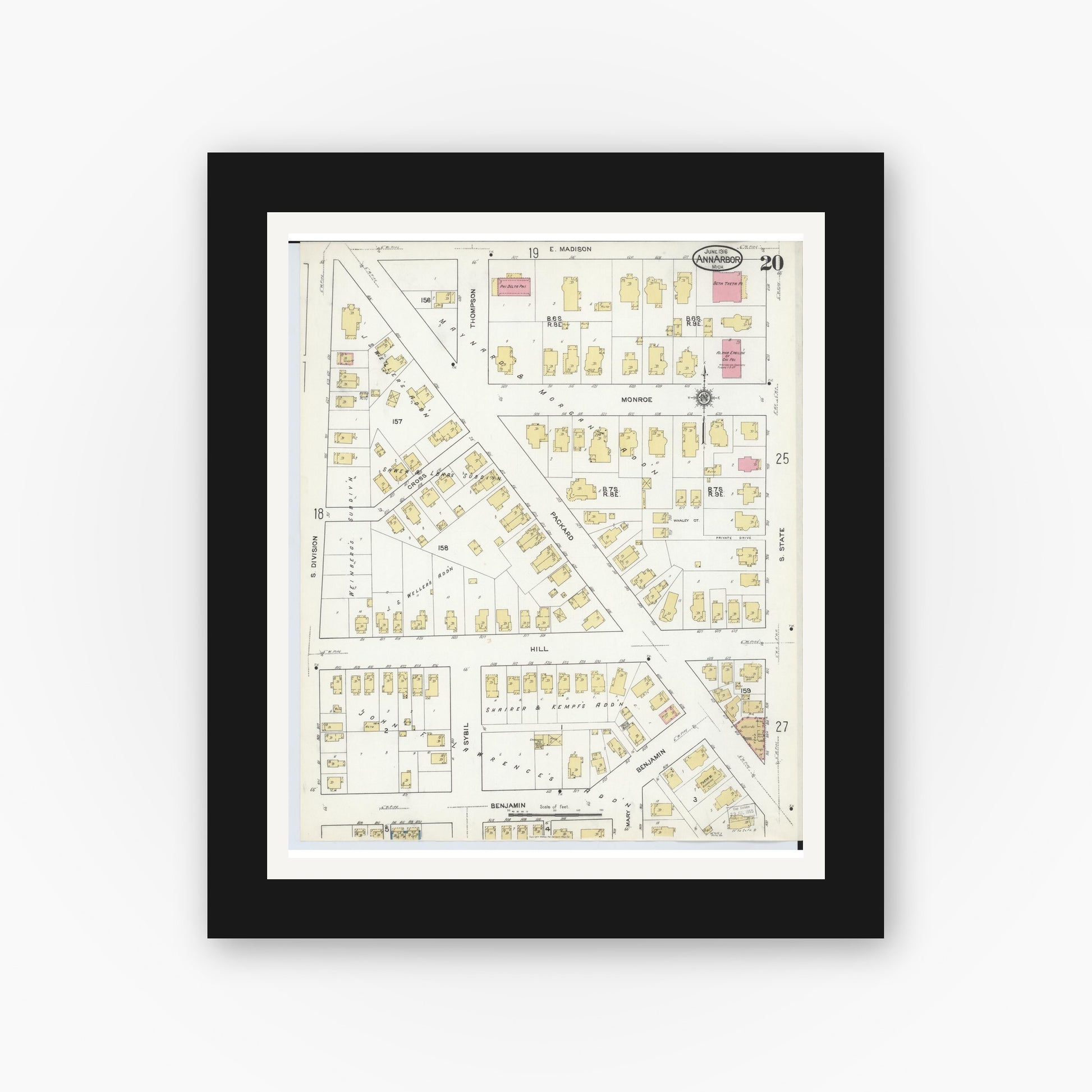 Old map wall art mockup — black gallery frame with white mat — Sanborn Fire Insurance Map from Ann Arbor, Washtenaw County, Michigan (1916), Sheet #0020