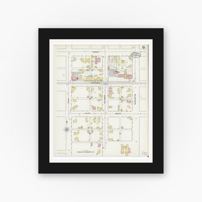 Old map wall art mockup — black gallery frame with white mat — Sanborn Fire Insurance Map from Warsaw, Kosciusko County, Indiana (1892), Sheet #0006